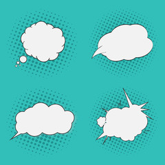 Thoughts bubbles set. Pop art comics style. Halftone dots background