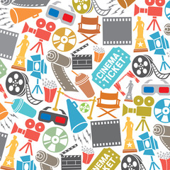 background pattern with cinema icons (film strip, popcorn, clapboard, camera, ticket, director chair, dvd, cd, film roll, stage projector, award, 3D glasses, reel) 
