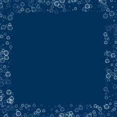 Soap bubbles. Square scattered border with soap bubbles on deep blue background. Vector illustration.