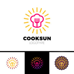 Kitchen, cafe, restaurant - vector logo template concept illustration. Chef hat, fork and sun. Sunny food sign. Design elements.