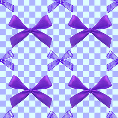 Seamless pattern with realistic and sketched bows on checkered blue background. Purple bows.