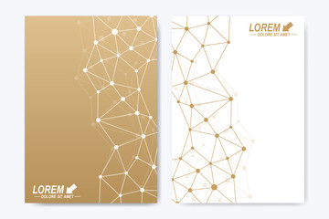 Vector template for brochure, Leaflet, flyer, advert, cover, catalog, poster, magazine or annual report. Geometric background molecule. Golden cybernetic dots communication.Lines plexus. Card surface