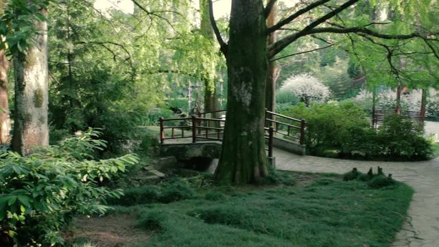 Slow panorama of park with bridge, gazebo and pond.