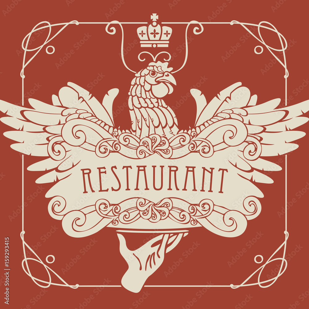 Poster vector restaurant menu with a picture of a hand with a tray on which is a chicken in an art nouveau 