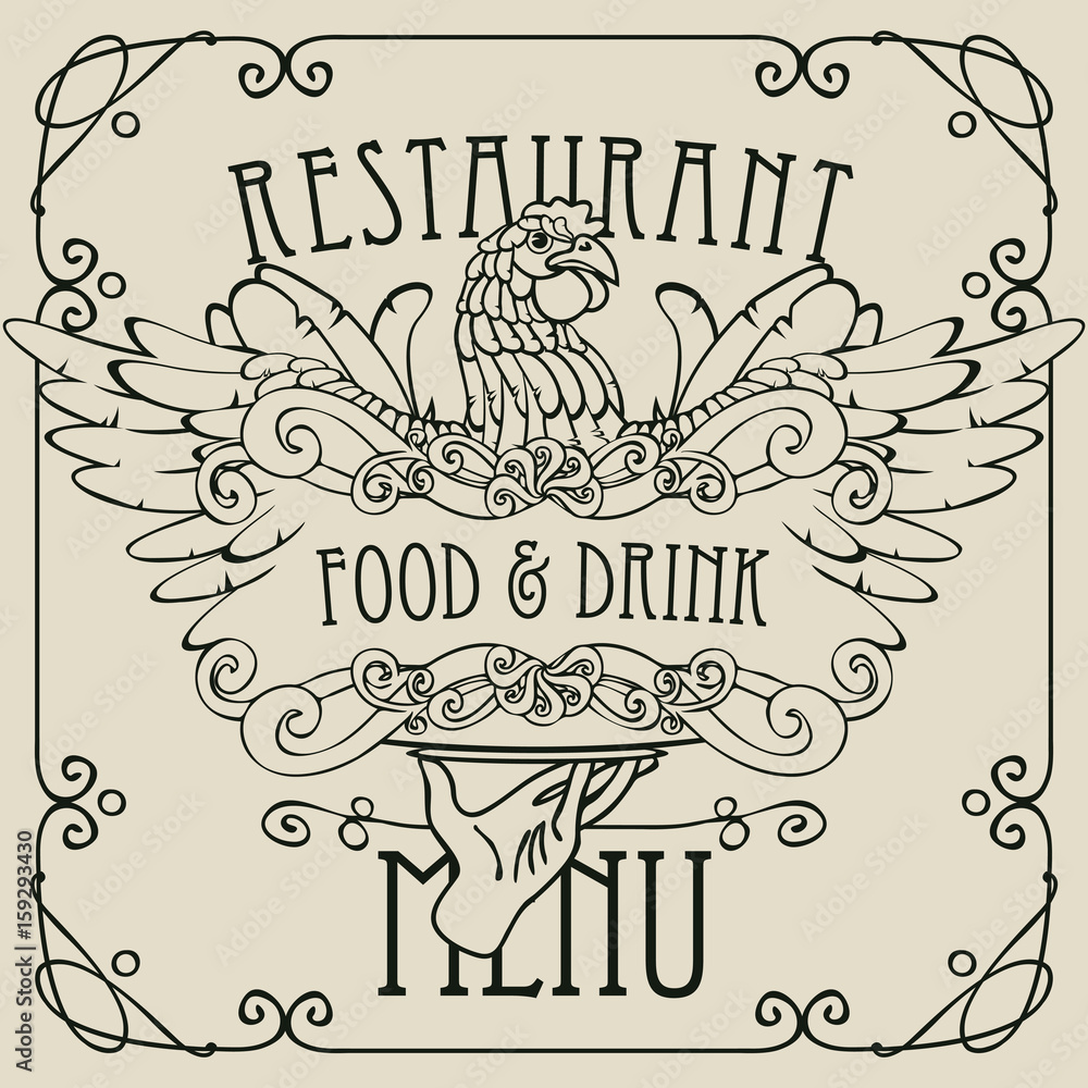 Poster vector restaurant menu with a picture of a hand with a tray on which is a chicken in an art nouveau 