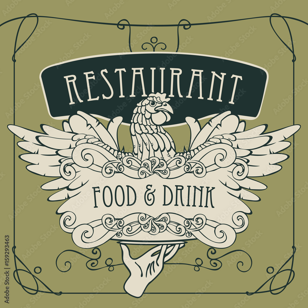 Poster vector restaurant menu with a picture of a hand with a tray on which is a chicken in an art nouveau 