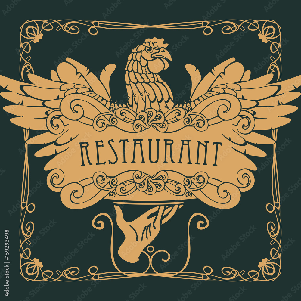 Poster vector restaurant menu with a picture of a hand with a tray on which is a chicken in an art nouveau 