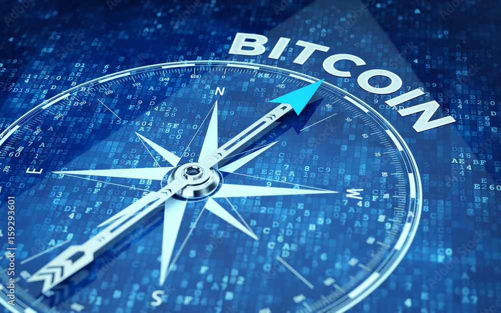 Poster bitcoin concept - compass needle pointing bitcoin word. 3d rendering