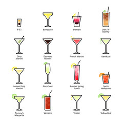 Alcoholic cocktails with titles. IBA official cocktails, New Era Drinks. Icons set in flat style