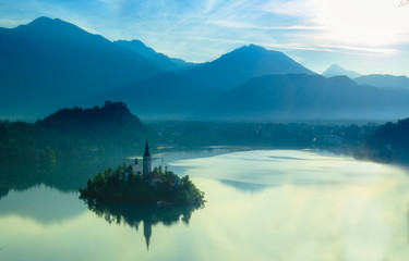 View of Bled lake in julian alps slovenia