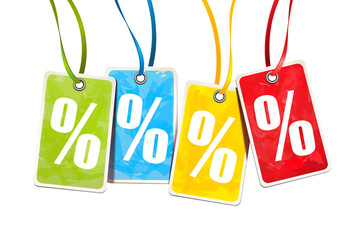Prozente - Bunte Anhänger Etiketten mit Prozent Zeichen und Textur