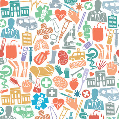 background pattern with medical icons (snake and bowl symbol, adhesive bandage, nurse cap, broken human leg, blood donation bag, dna strand,  first aid kit, mask, heart, stethoscope, crutch) 