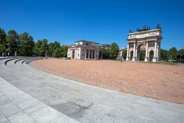 Fototapeta premium MILAN, ITALY, JUNE, 7, 2017 - Arco della Pace, (Arch of Peace), near Sempione Park in city center of Milan, Italy
