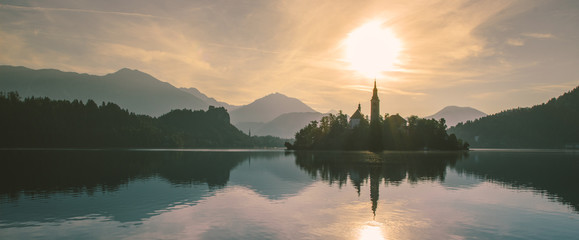 Panorama view of Bled lake in julian alps slovenia