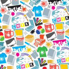 Background pattern with printing icons (palette, printer, CMYK and RGB colors, paintbrush, pipette, monitor, magnifier, plotter, gamma and tool)