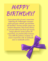 Birthday party invitation card template with purple bow. Yellow card.