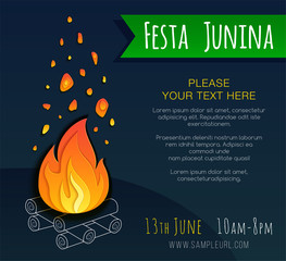 Festa junina poster with bonfire. Vector banner. Latin American holiday. Brazil Festival