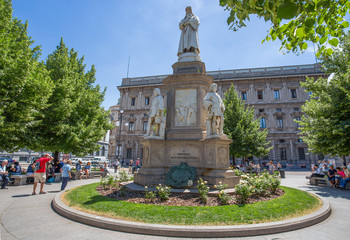 MILAN, ITALY, JUNE 7, 2017 - Statue of Leonardo Da Vinci, Italian engineer, painter and scientist...