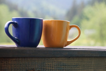 A beautiful cup with hot tea stands in front of a beautiful scenery