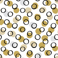 Ink and brush hand drawn seamless doodle design with polka dot and circles.