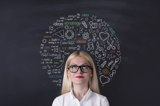 Business woman brain hemisphere on the blackboard