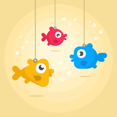 Illustration of funny fishes on the rope.