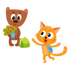 Cute animal student characters, bear holding bunch of flowers, cat with backpack, cartoon vector illustration isolated on white background. Little animal student characters, back to school concept