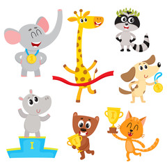 Obraz na płótnie Canvas Cute little animal characters, champions, winners holding medals, cups, standing on pedestal, cartoon vector illustration isolated on a white background. Little baby animal champions with medals, cups
