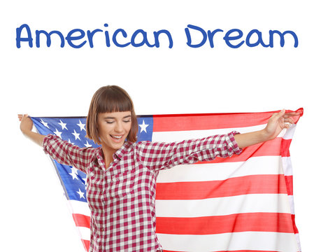 Young happy woman with American flag isolated on white