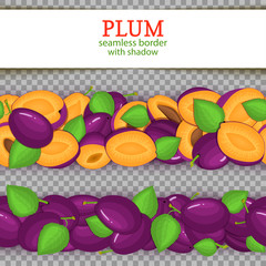 Ripe plum Horizontal seamless borders. Vector illustration card. Wide and narrow endless strip with Juisy plums fruits with shadow transparent whole and slice, leaf. Infinite fruit border.