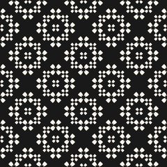 Vector monochrome seamless pattern, floral geometric background with quatrefoil flower silhouettes. Simple dark abstract texture, repeat tiles. Stylish design element for decor, fabric, prints, covers
