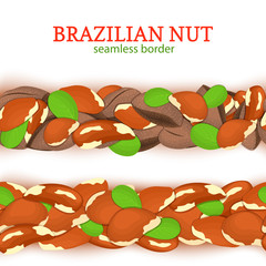 Brazilian nut Horizontal seamless border. Vector illustration card. Wide and narrow endless strip with brazil nut walnut nut fruit in the shell whole shelled leaves fordesign of healthy food, diet.