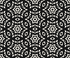Vector ornamental seamless pattern, abstract monochrome linear texture, geometric figures, stars, rhombuses. Ornament background in oriental style, repeat tiles. Dark design for decor, covers, prints