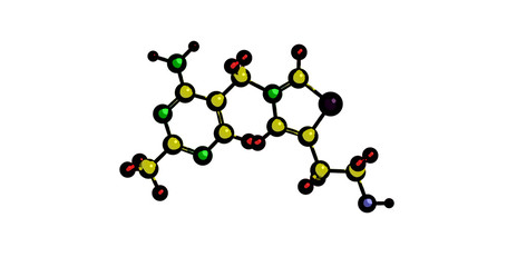 Molecular structure of thiamine (vitamin B1), 3D rendering