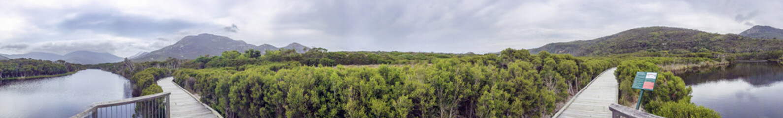 Fototapeta na wymiar Loo-Errn track and Tidal River in Wilsons Promontory, panoramic view of Australian vegetation