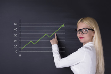 Business woman showing line graph on the blackboard