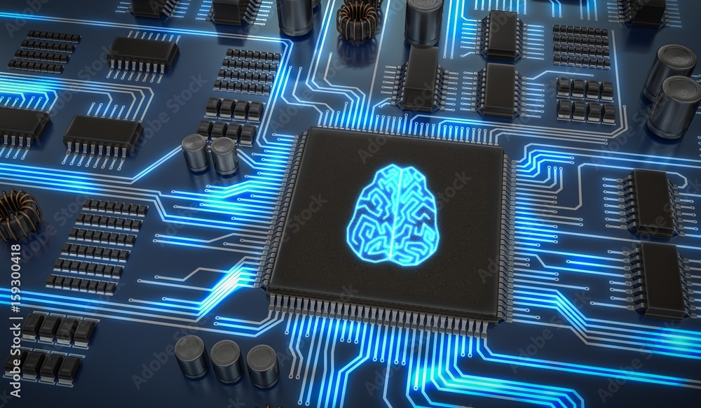 Poster artificial intelligence electronic circuit. microchip with glowing brain. 3d rendered illustration.