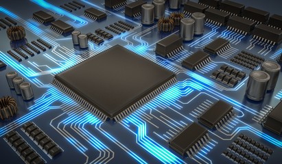 3D rendered illustration of electronic circuit with microchips and glowing signals. - obrazy, fototapety, plakaty