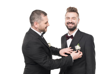 couple of grooms in tuxedos preparing to wedding day isolated on white