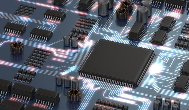 3D rendered illustration of electronical circuit with microchip or processor and glowing signals. Technology concept.