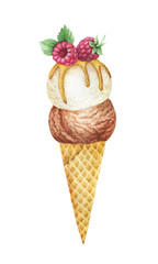 Watercolor waffle cone with chocolate and vanilla ice cream decorated with raspberries.