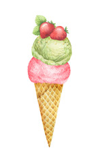 Watercolor waffle cone with pistachio ice cream and fruit decorated with strawberries.