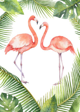 Watercolor card of tropical leaves and the pink Flamingo isolated on white background.