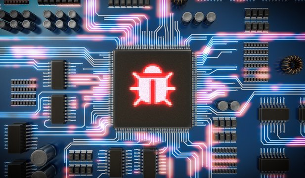 3D Rendered Illustration Of Malware Or Virus Inside Microchip On Electronic Circuit. Internet Security And Anti Virus Protection Concept.