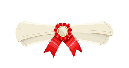 Diploma scroll with medal and red ribbon. Finish school, college.