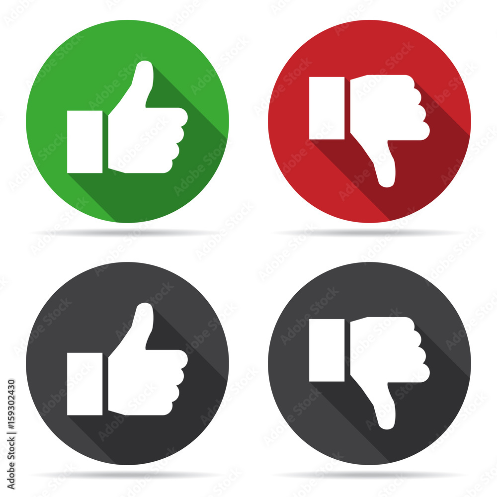 Poster thumbs up and thumbs down icons with shadow in a flat design