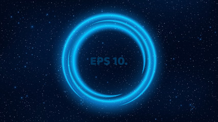 A shining banner of neon lines of blue color against the background of the star sky. Fantastic, cosmic space. Enter your text in the template. Glittering stars in the dark. Vector illustration
