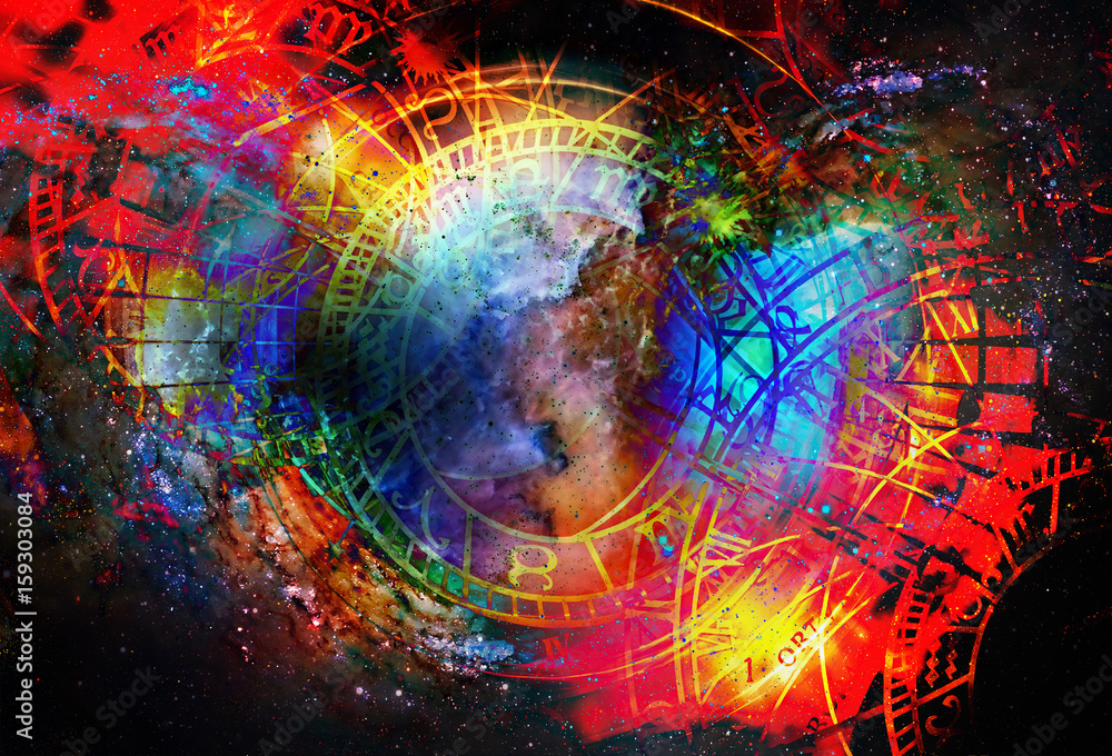 Fototapete Zodiac collage in cosmic space. Abstract color background.