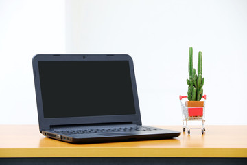 screen computer Laptop And cactus for business on the table