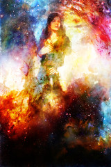 Fototapeta na wymiar Goddess Woman holding cosmical light sword. Cosmic background.